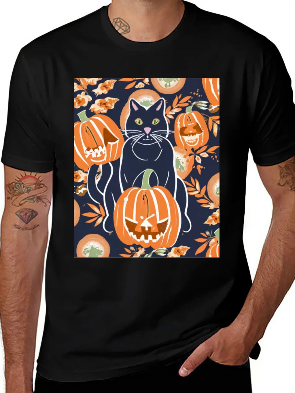 Black Cat And Pumpkins Stylish Everyday T-Shirt – Unisex Basic Cotton Tee