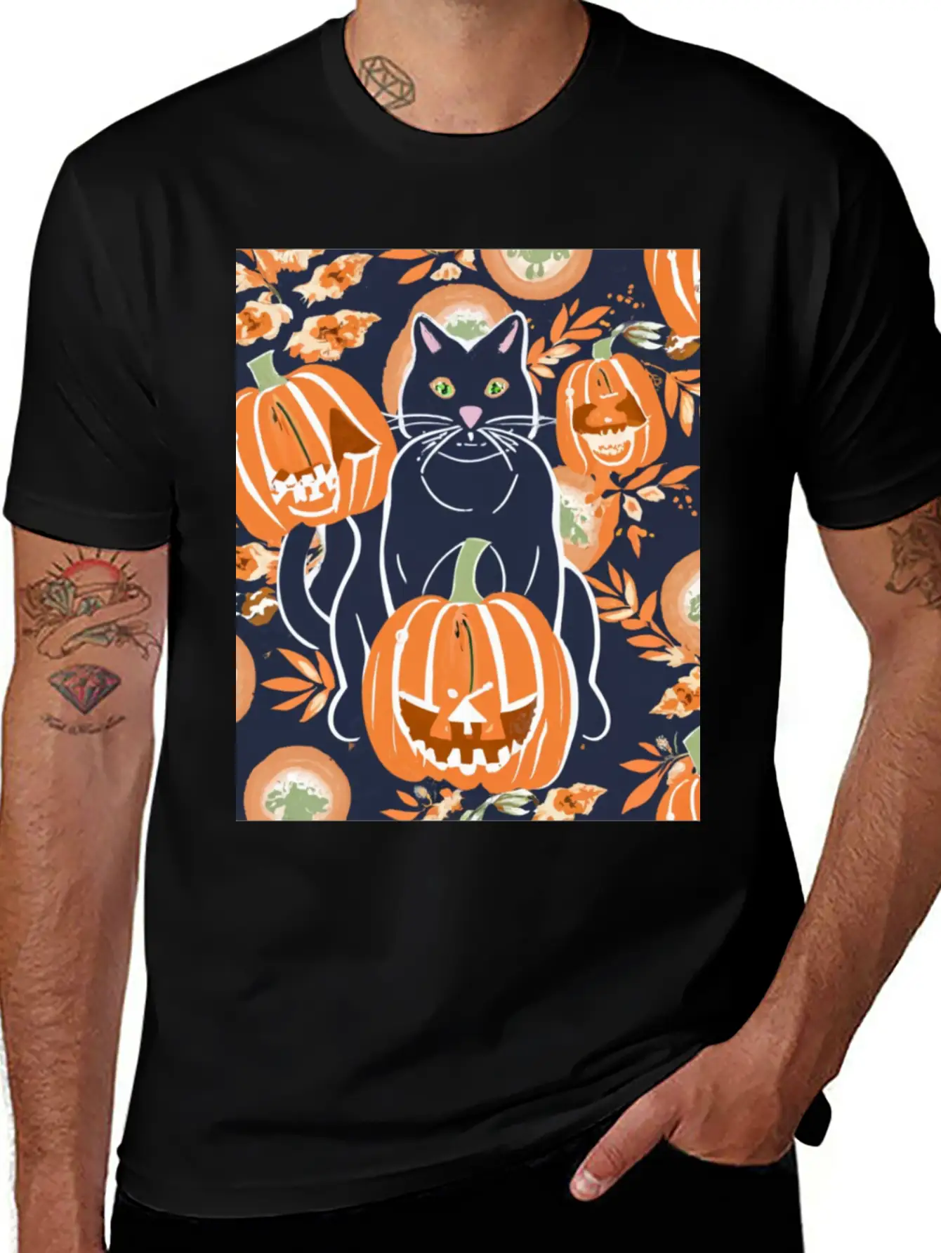 Black Cat And Pumpkins Stylish Everyday T-Shirt – Unisex Basic Cotton Tee