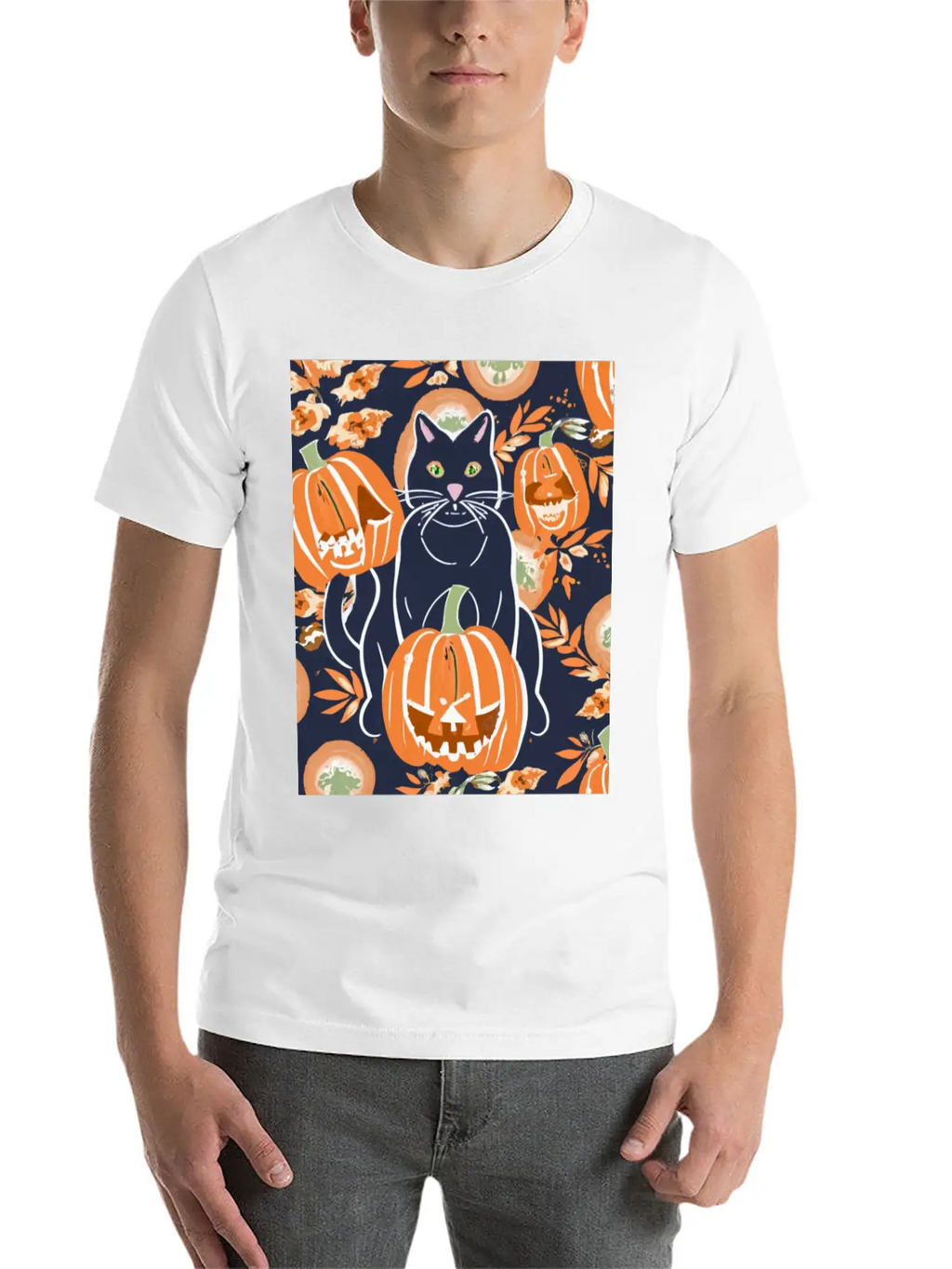 Black Cat And Pumpkins Stylish Everyday T-Shirt – Unisex Basic Cotton Tee