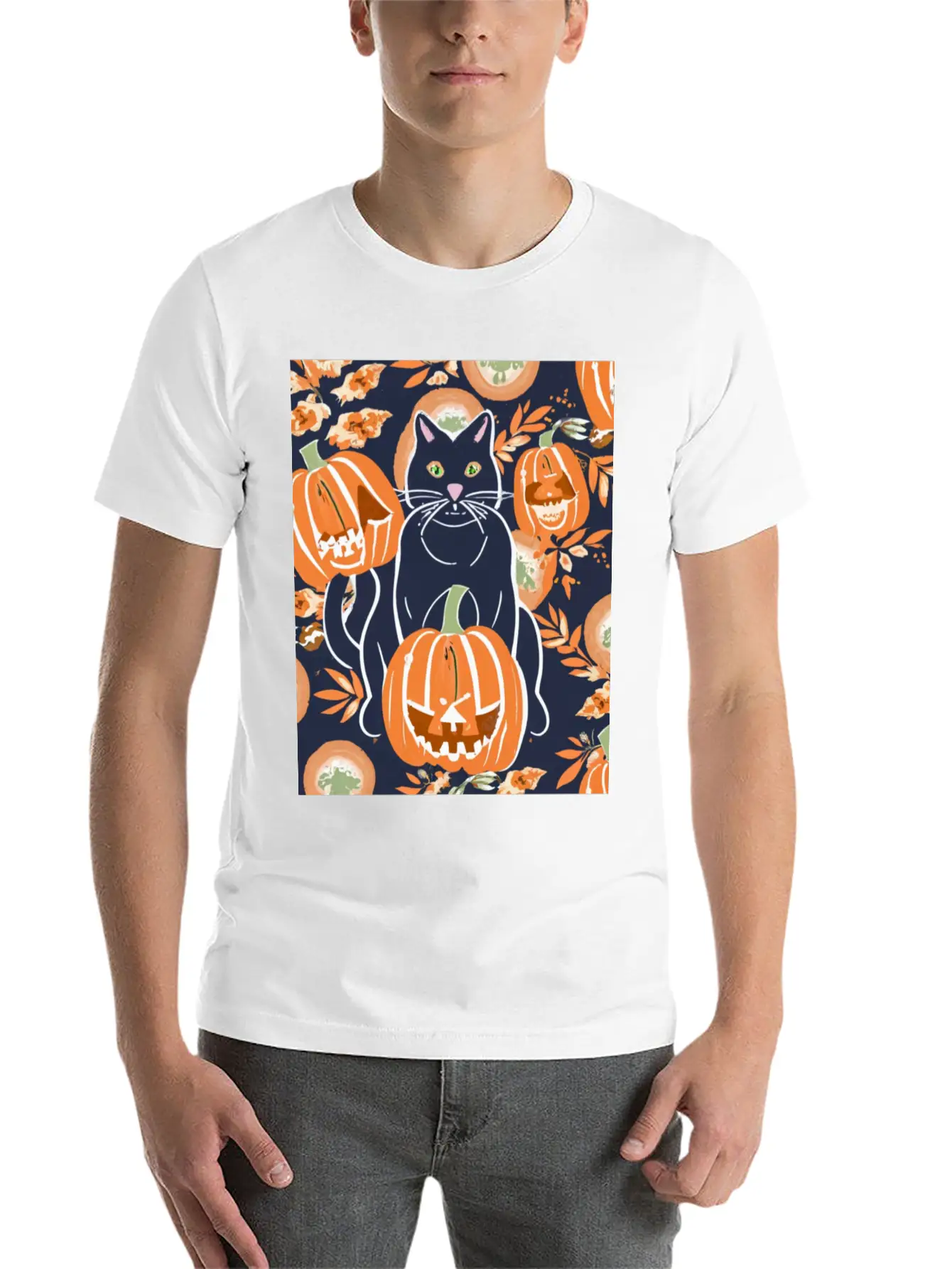 Black Cat And Pumpkins Stylish Everyday T-Shirt – Unisex Basic Cotton Tee