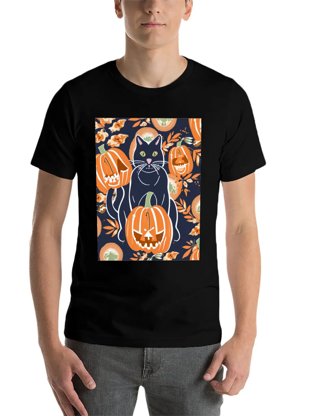 Black Cat And Pumpkins Stylish Everyday T-Shirt – Unisex Basic Cotton Tee