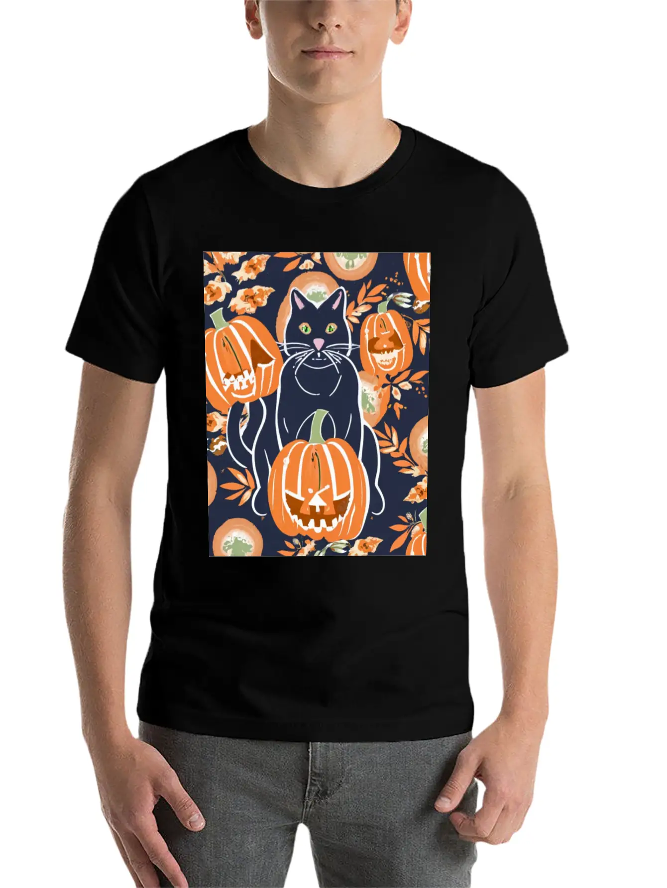 Black Cat And Pumpkins Stylish Everyday T-Shirt – Unisex Basic Cotton Tee