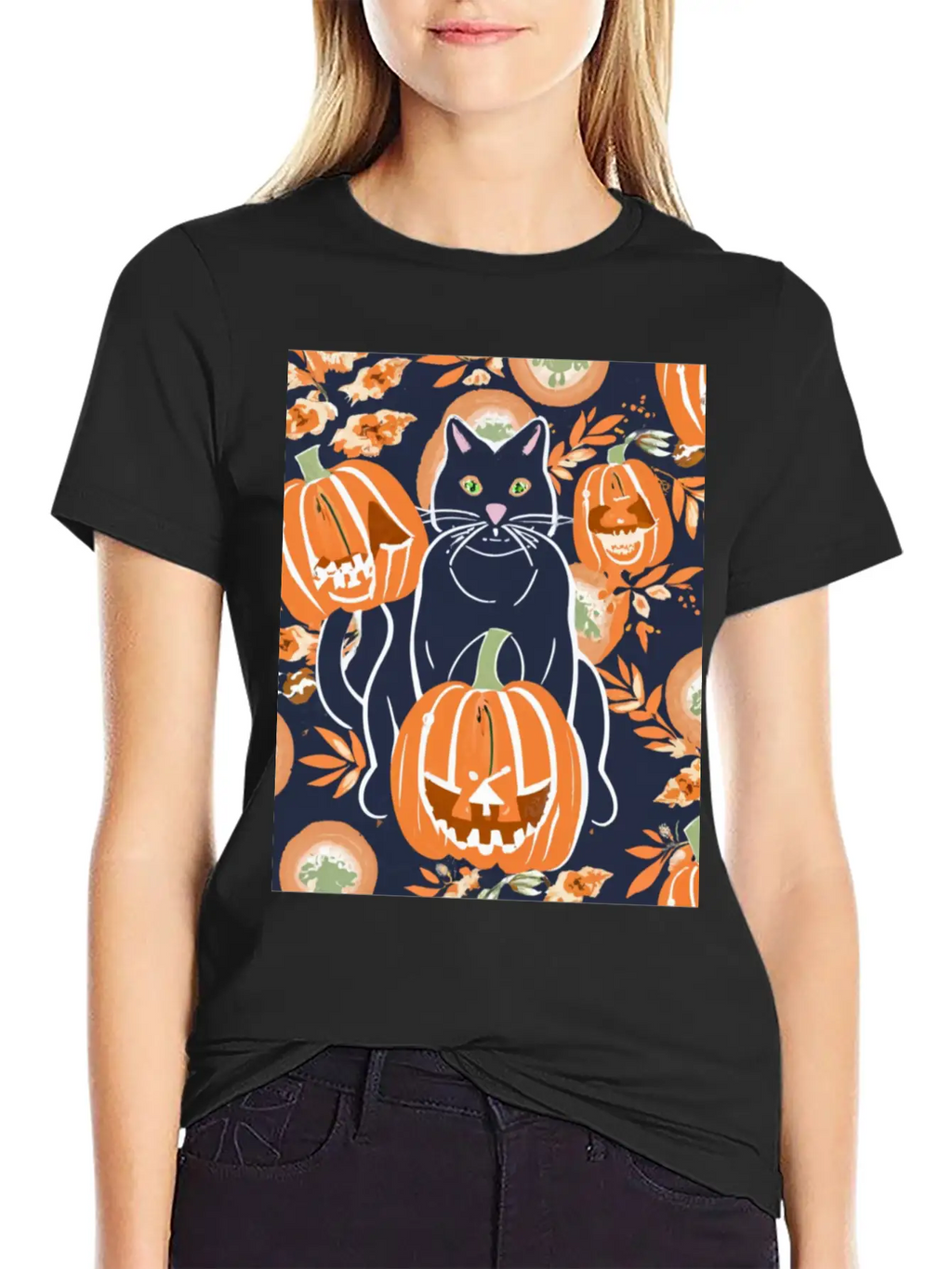 Black Cat And Pumpkins Stylish Everyday T-Shirt – Unisex Basic Cotton Tee