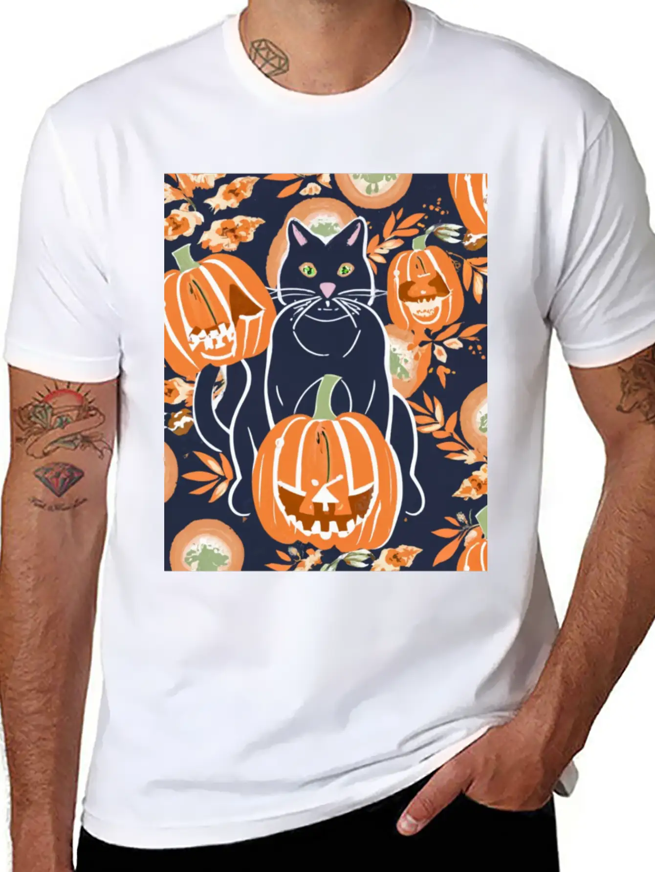 Black Cat And Pumpkins Stylish Everyday T-Shirt – Unisex Basic Cotton Tee