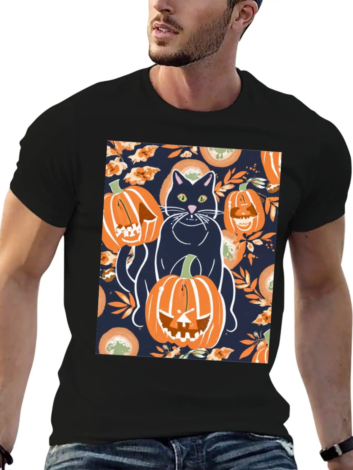 Black Cat And Pumpkins Stylish Everyday T-Shirt – Unisex Basic Cotton Tee