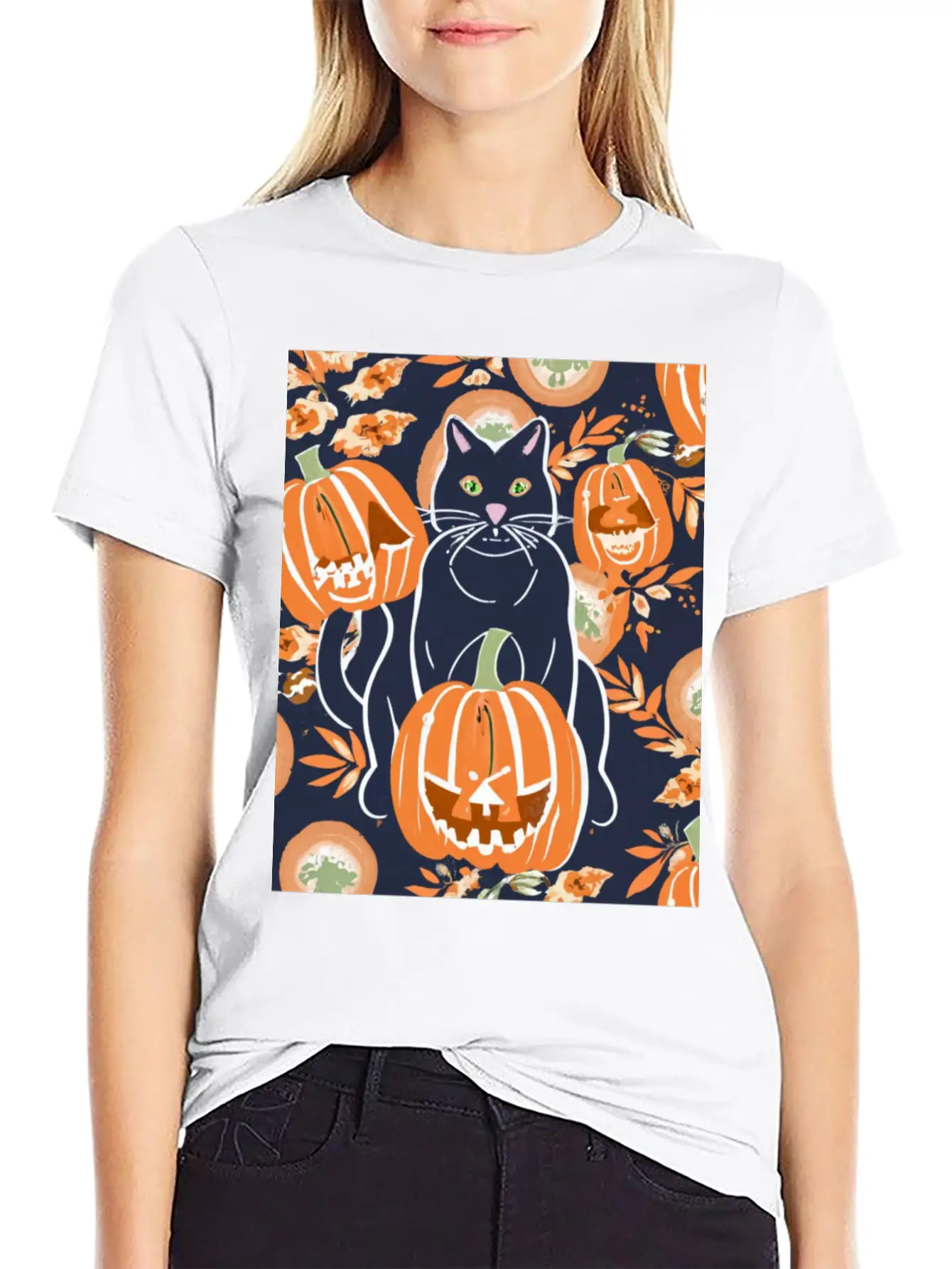 Black Cat And Pumpkins Stylish Everyday T-Shirt – Unisex Basic Cotton Tee