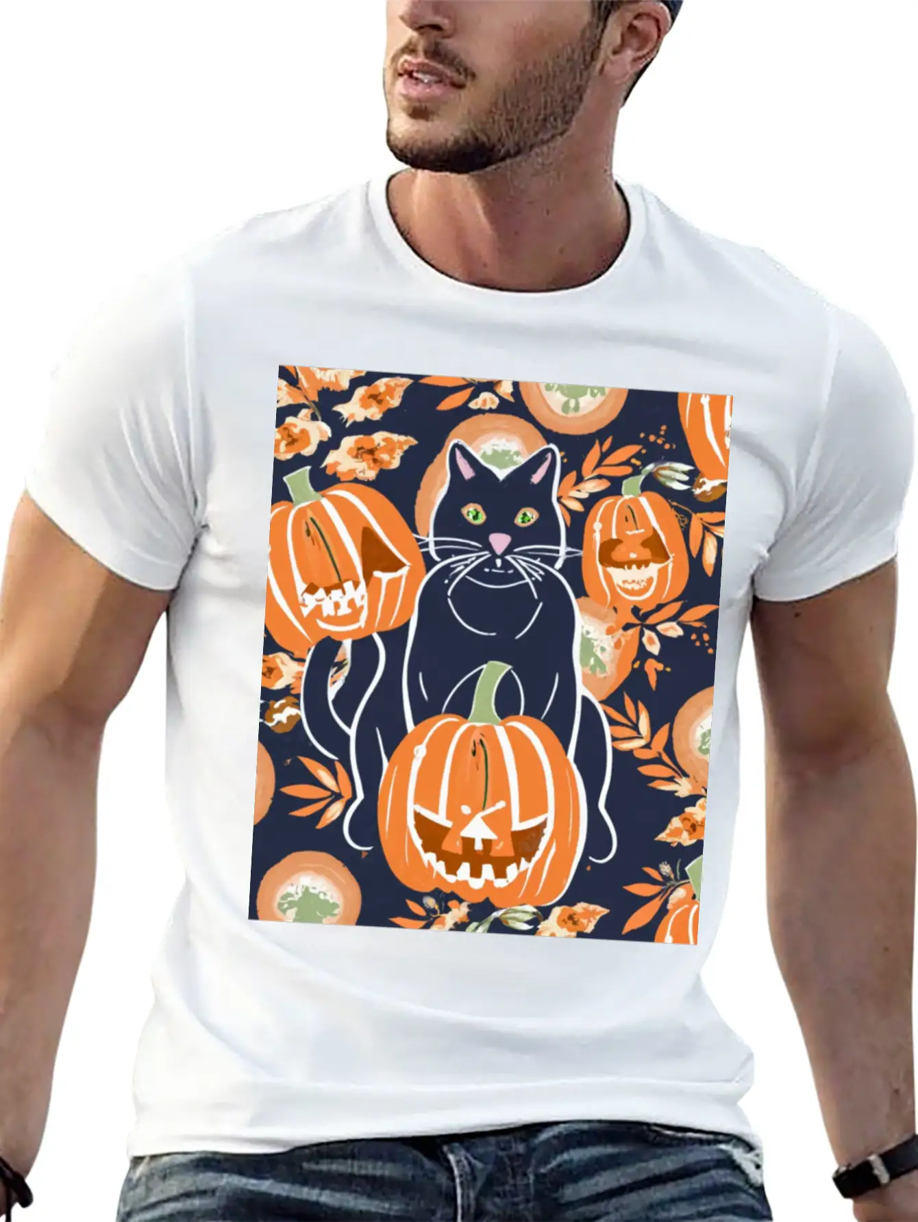 Black Cat And Pumpkins Stylish Everyday T-Shirt – Unisex Basic Cotton Tee