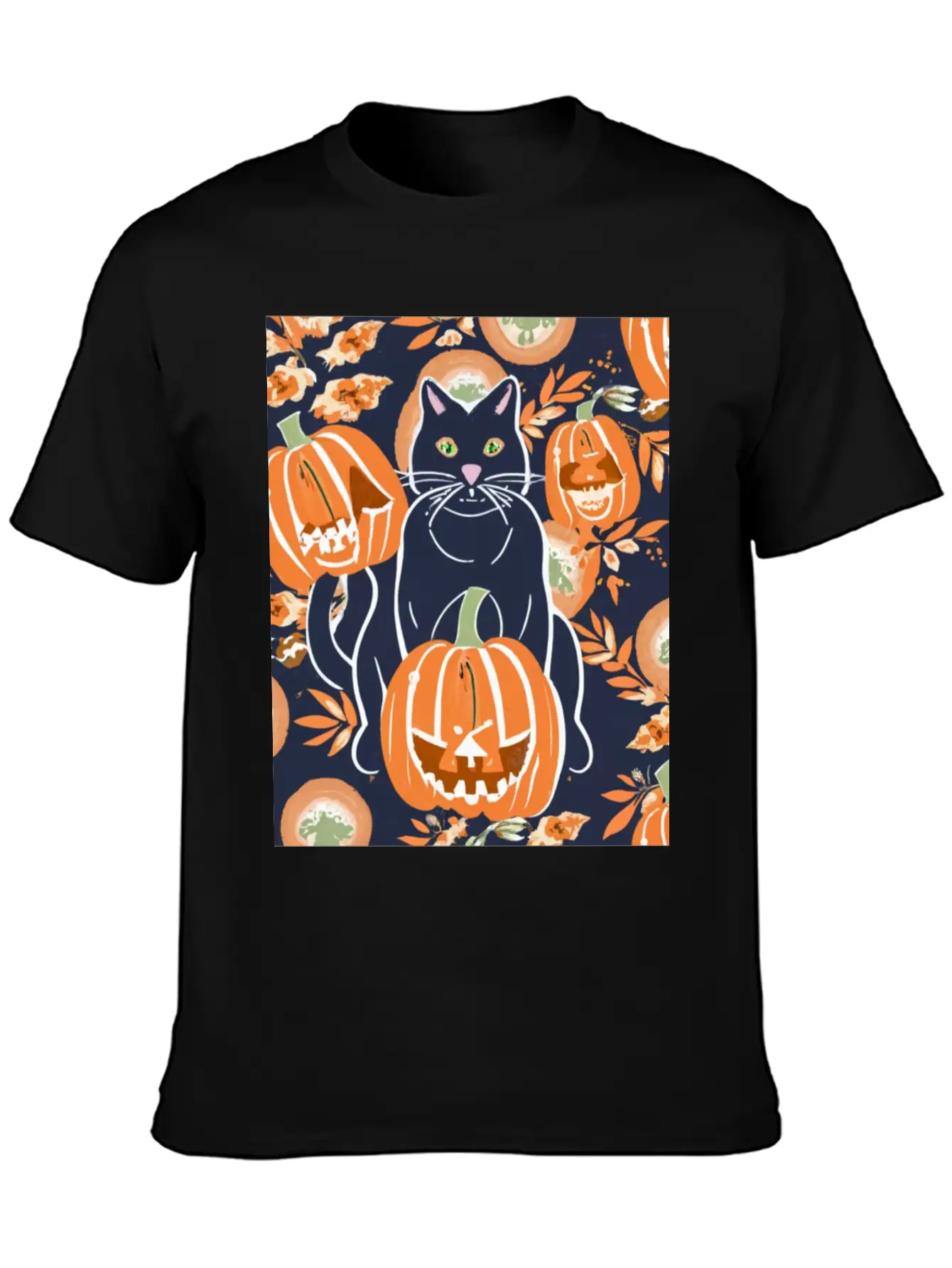 Black Cat And Pumpkins Stylish Everyday T-Shirt – Unisex Basic Cotton Tee
