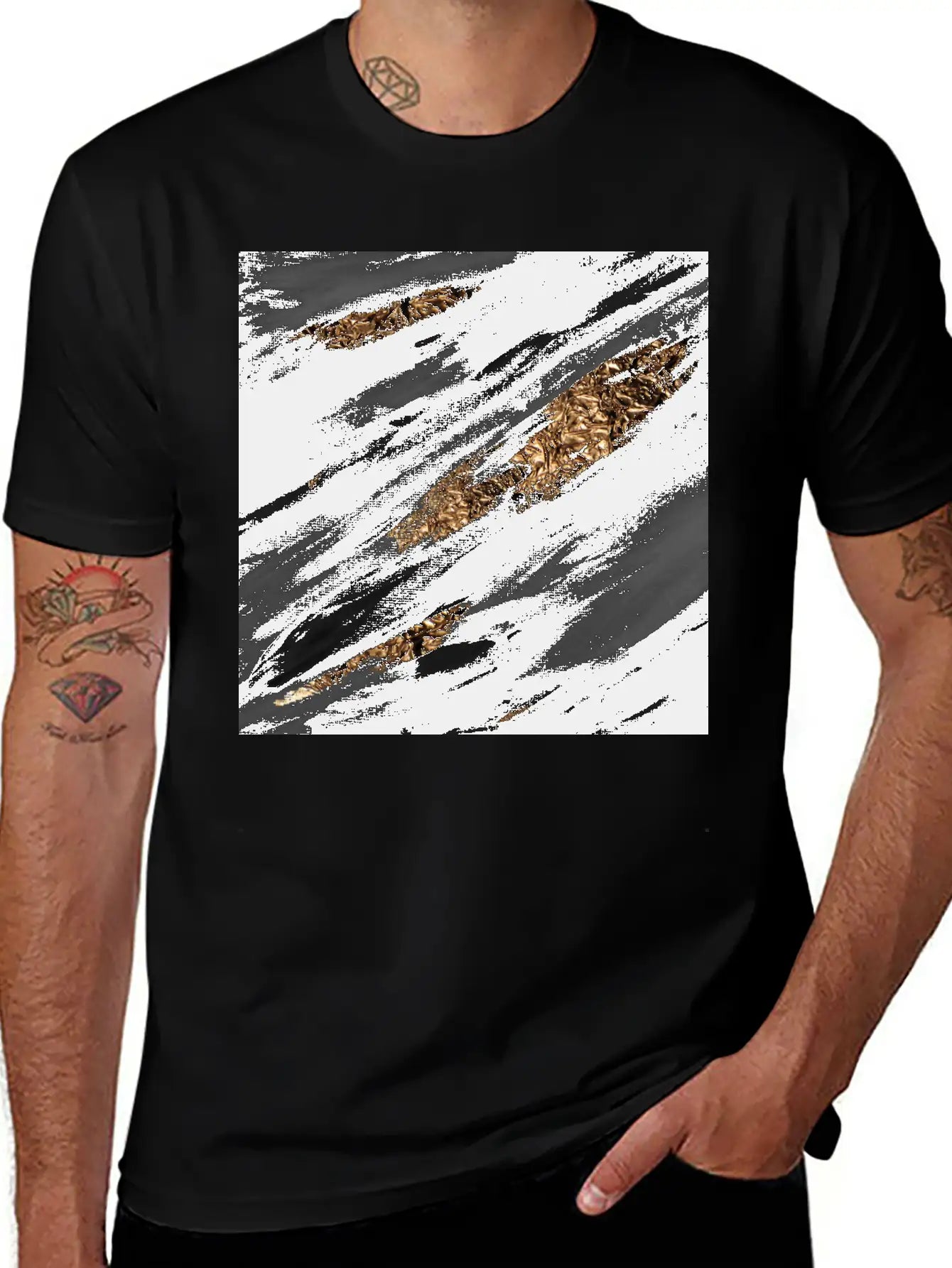 Black Paint Brushstrokes Gold Foil Unisex Casual T-Shirt – Clean Design For Daily Comfort