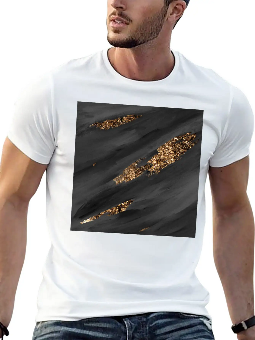 Black Paint Brushstrokes Gold Foil Unisex Casual T-Shirt – Clean Design For Daily Comfort