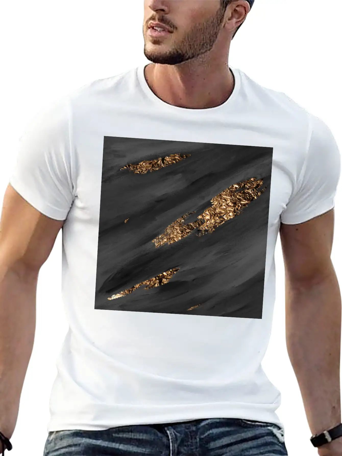 Black Paint Brushstrokes Gold Foil Unisex Casual T-Shirt – Clean Design For Daily Comfort