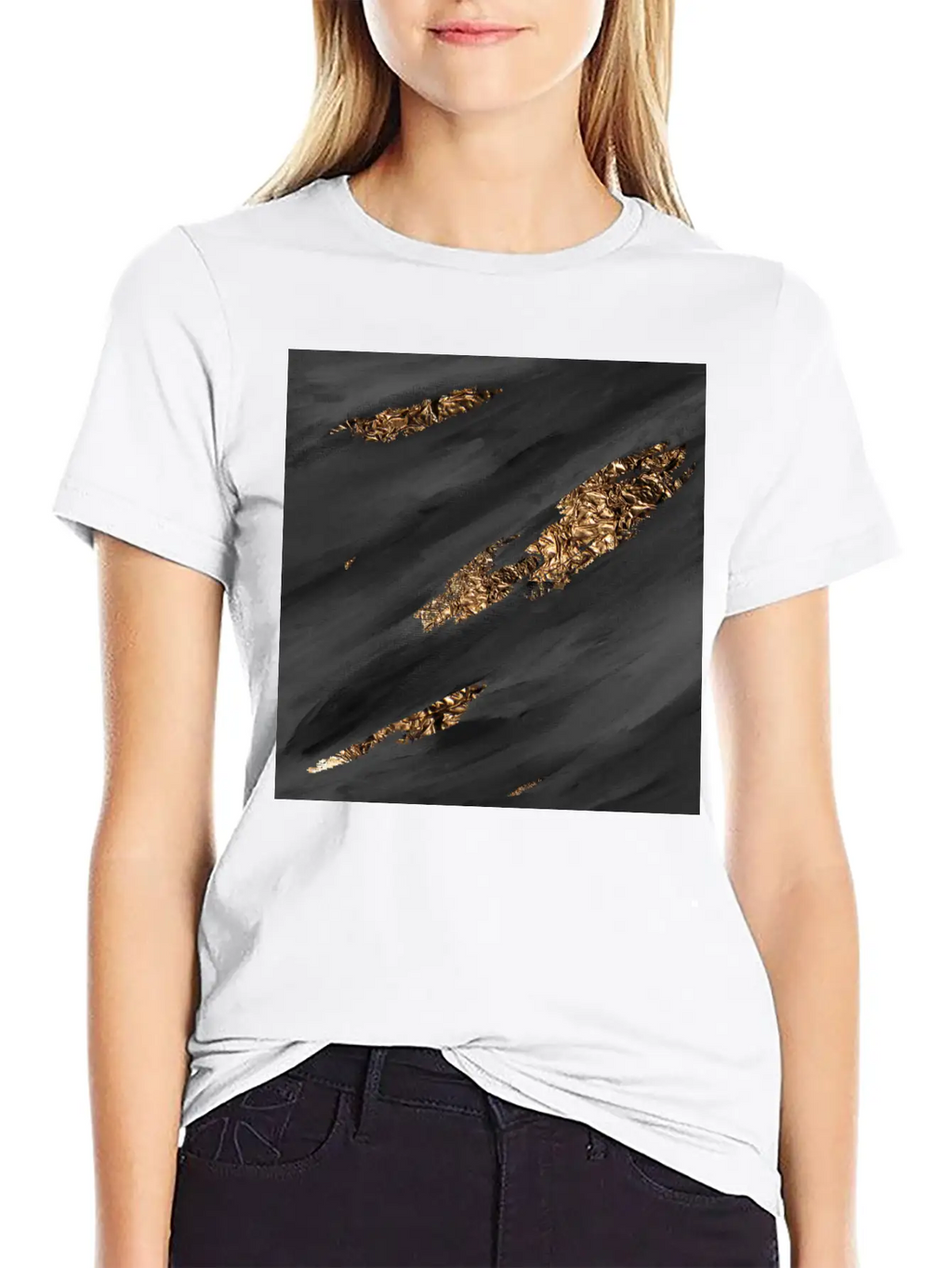 Black Paint Brushstrokes Gold Foil Unisex Casual T-Shirt – Clean Design For Daily Comfort