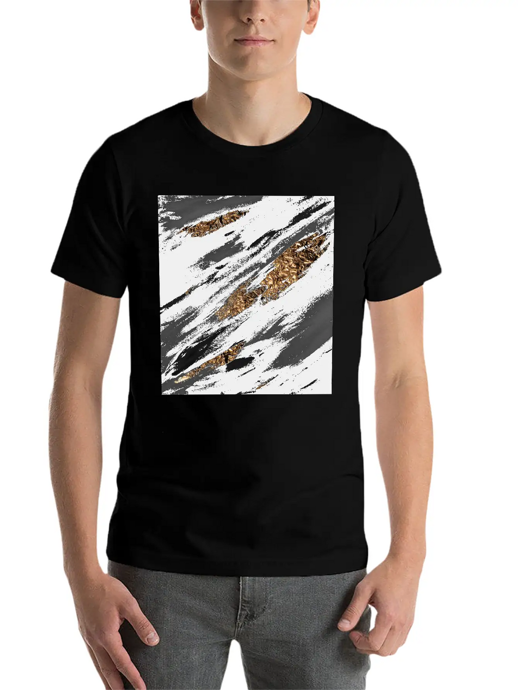 Black Paint Brushstrokes Gold Foil Unisex Casual T-Shirt – Clean Design For Daily Comfort