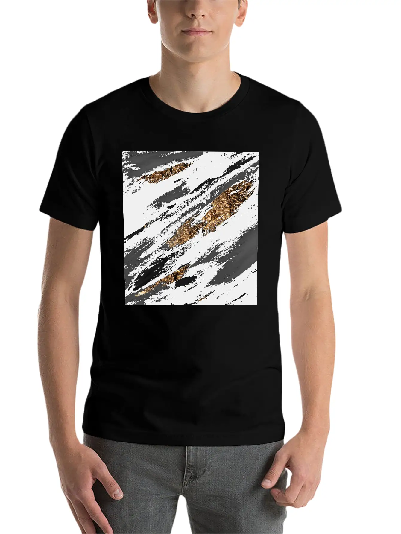 Black Paint Brushstrokes Gold Foil Unisex Casual T-Shirt – Clean Design For Daily Comfort