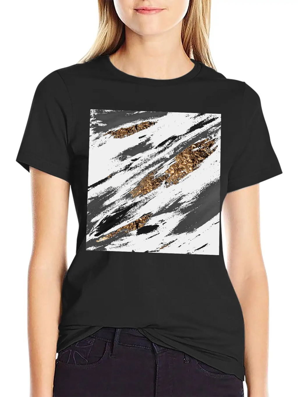 Black Paint Brushstrokes Gold Foil Unisex Casual T-Shirt – Clean Design For Daily Comfort