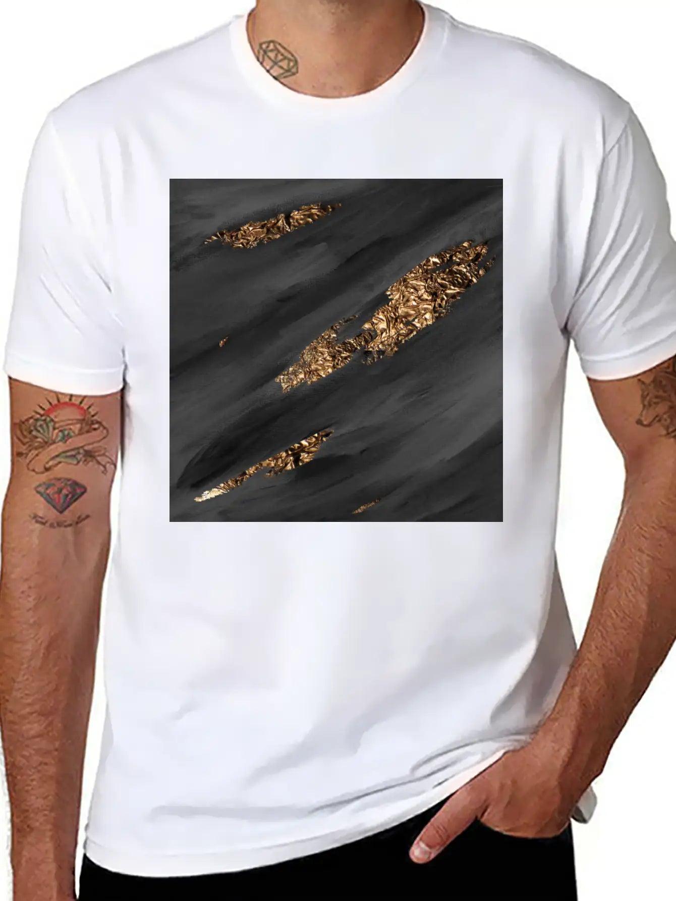 Black Paint Brushstrokes Gold Foil Unisex Casual T-Shirt – Clean Design For Daily Comfort