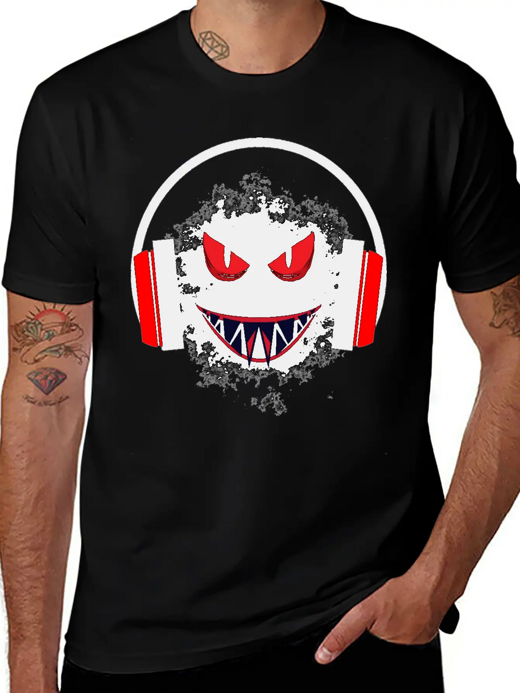 Black Sticker With A Red Face And A Big Headphones Casual Graphic T-Shirt – Simple And Comfortable Daily Wear
