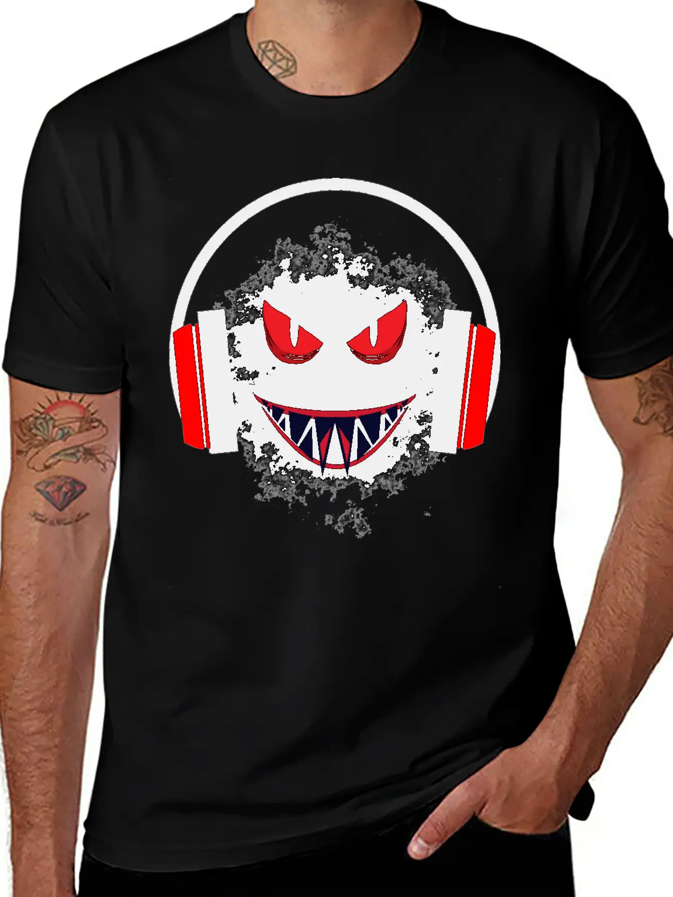Black Sticker With A Red Face And A Big Headphones Casual Graphic T-Shirt – Simple And Comfortable Daily Wear