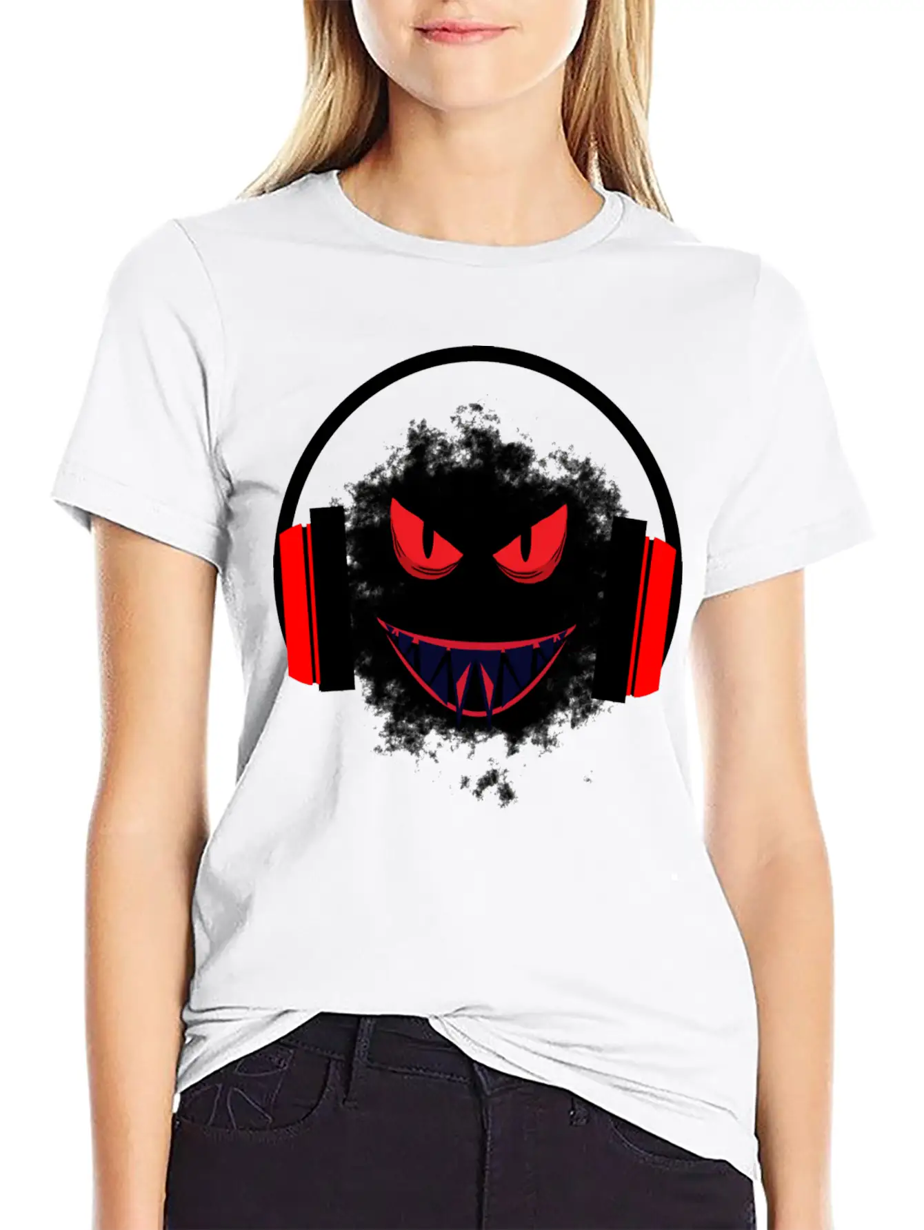 Black Sticker With A Red Face And A Big Headphones Casual Graphic T-Shirt – Simple And Comfortable Daily Wear