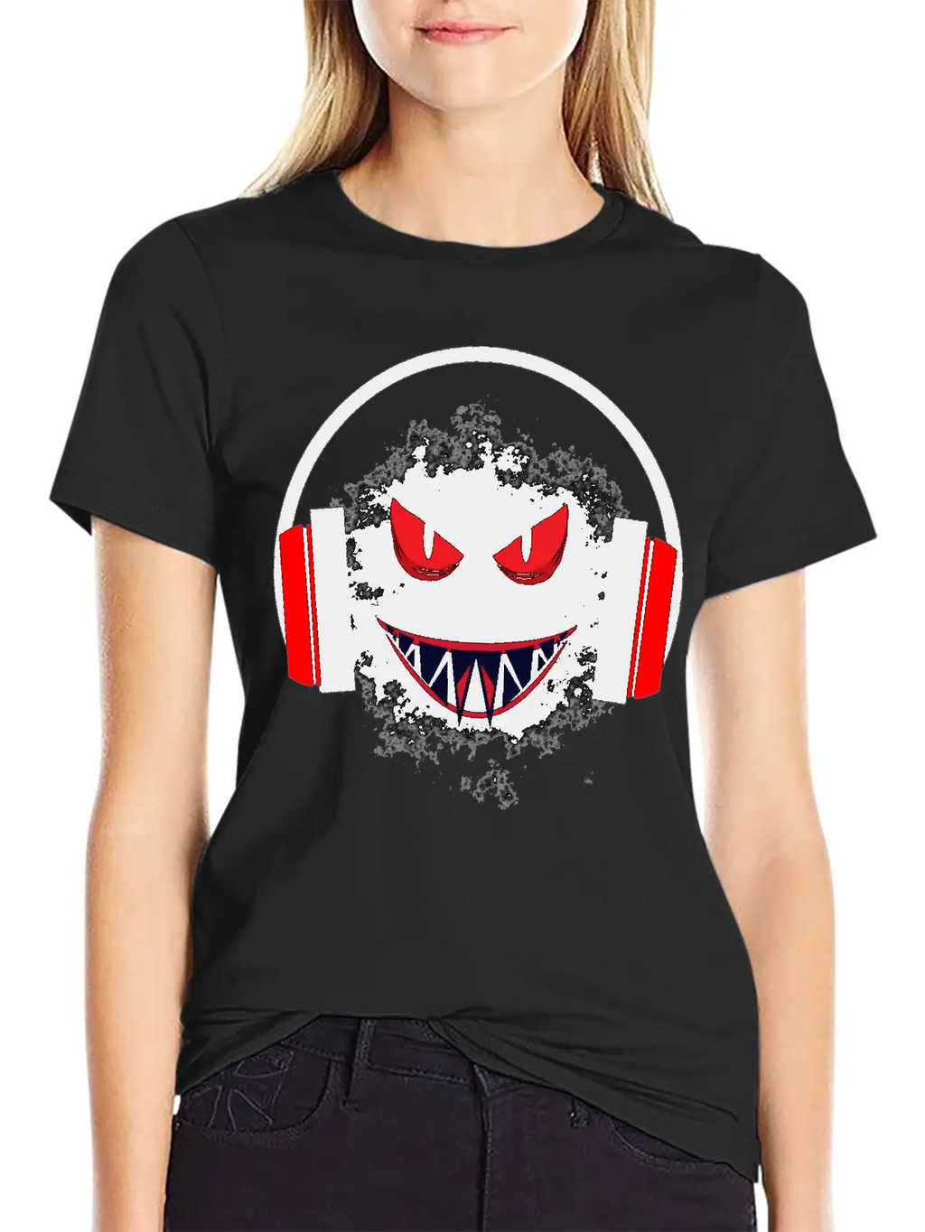 Black Sticker With A Red Face And A Big Headphones Casual Graphic T-Shirt – Simple And Comfortable Daily Wear