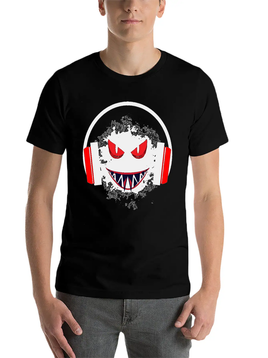 Black Sticker With A Red Face And A Big Headphones Casual Graphic T-Shirt – Simple And Comfortable Daily Wear