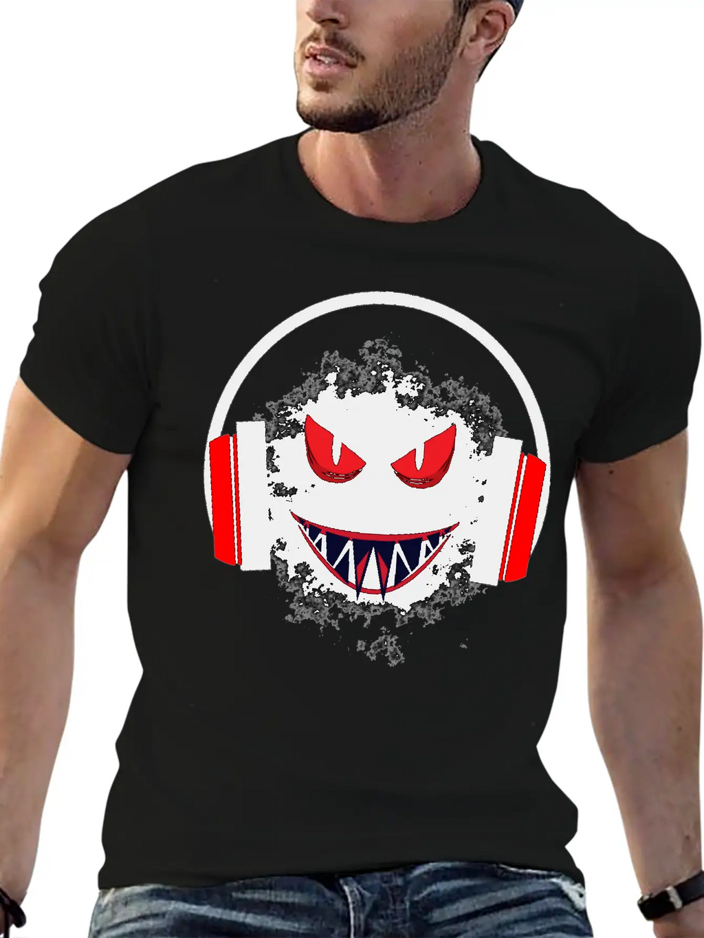 Black Sticker With A Red Face And A Big Headphones Casual Graphic T-Shirt – Simple And Comfortable Daily Wear