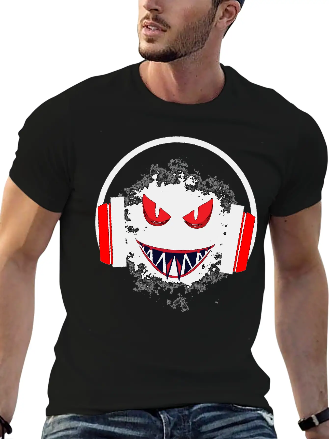 Black Sticker With A Red Face And A Big Headphones Casual Graphic T-Shirt – Simple And Comfortable Daily Wear