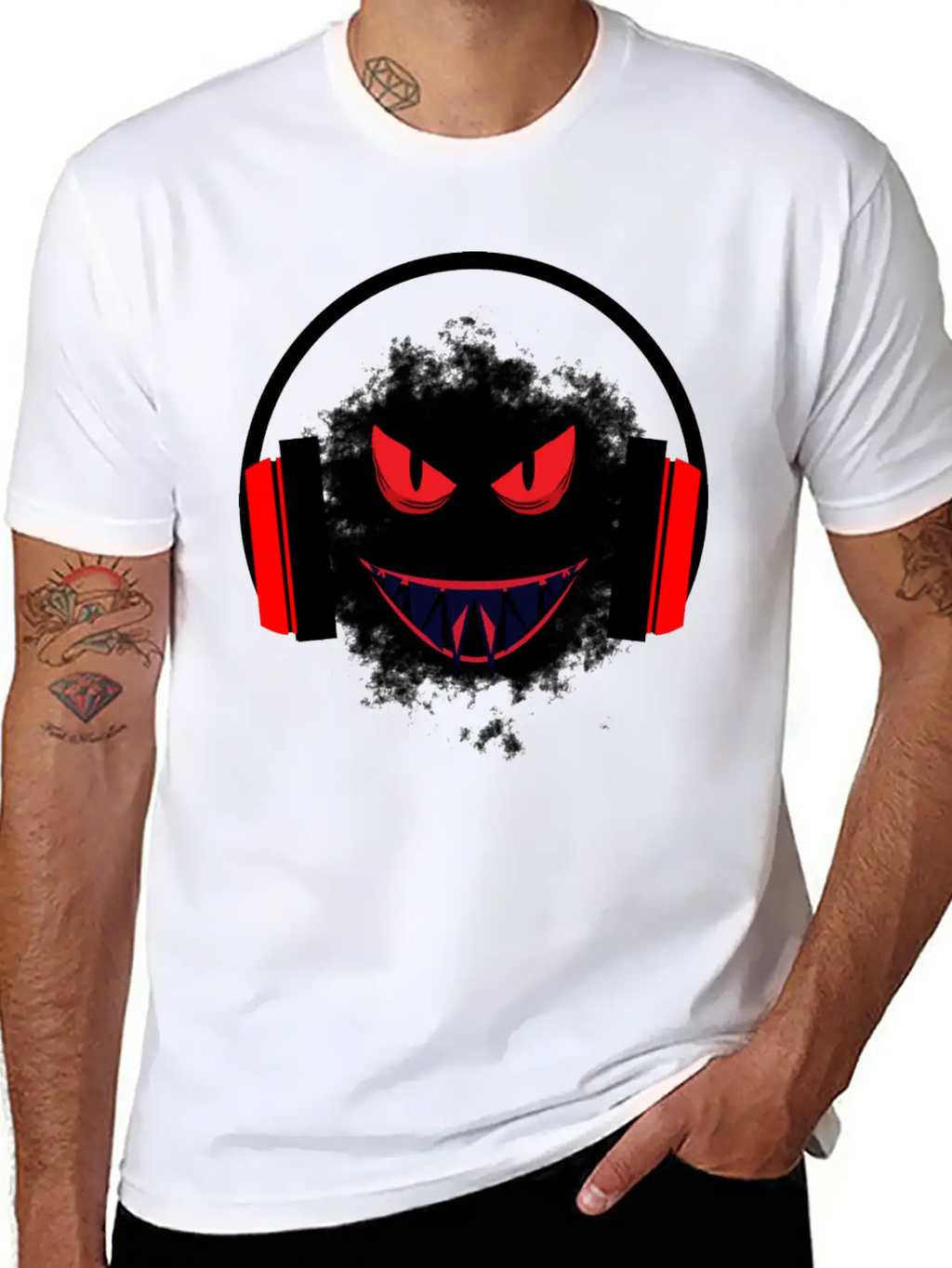 Black Sticker With A Red Face And A Big Headphones Casual Graphic T-Shirt – Simple And Comfortable Daily Wear