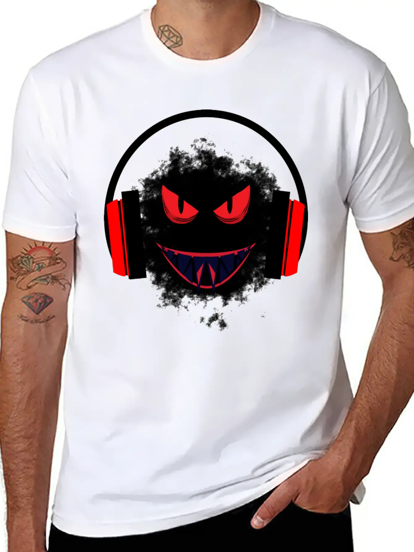 Black Sticker With A Red Face And A Big Headphones Casual Graphic T-Shirt – Simple And Comfortable Daily Wear