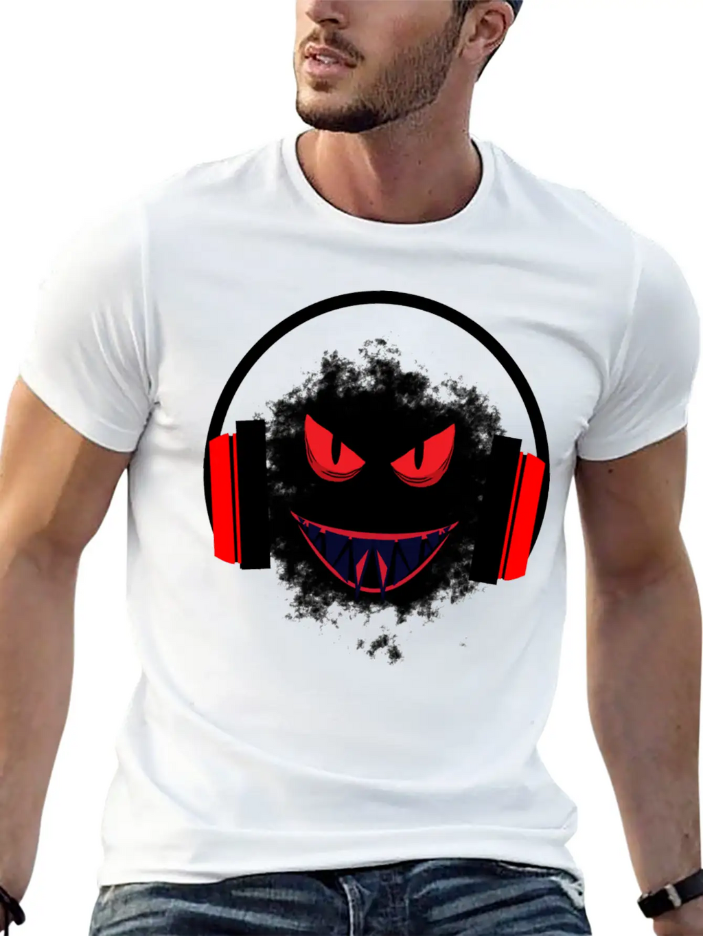 Black Sticker With A Red Face And A Big Headphones Casual Graphic T-Shirt – Simple And Comfortable Daily Wear