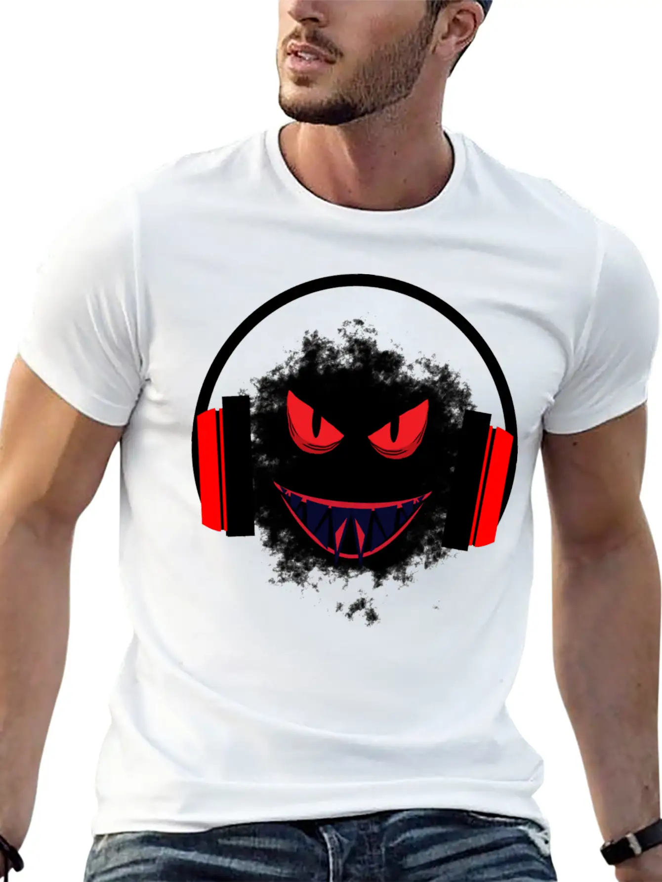 Black Sticker With A Red Face And A Big Headphones Casual Graphic T-Shirt – Simple And Comfortable Daily Wear