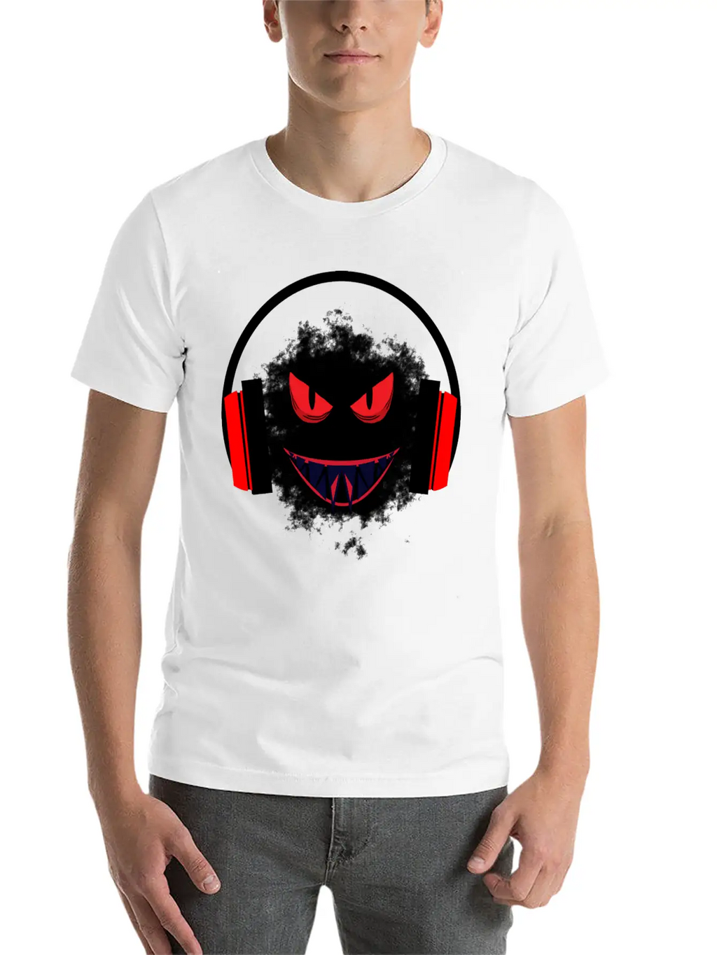 Black Sticker With A Red Face And A Big Headphones Casual Graphic T-Shirt – Simple And Comfortable Daily Wear