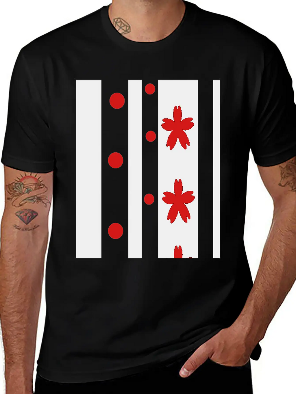 Black Stripes & Red Dots Flowers Classic Fit Graphic Tee For Daily Comfort – Unisex Cotton Shirt