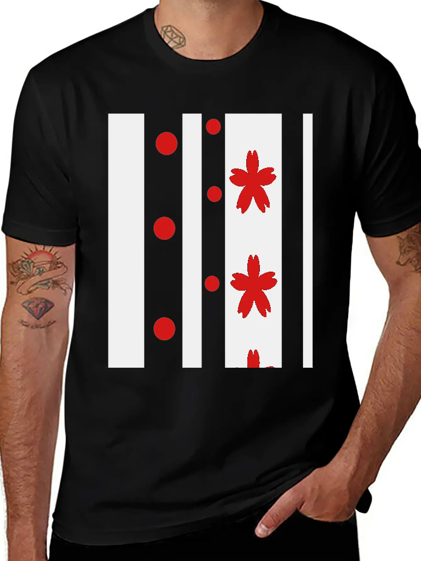 Black Stripes & Red Dots Flowers Classic Fit Graphic Tee For Daily Comfort – Unisex Cotton Shirt
