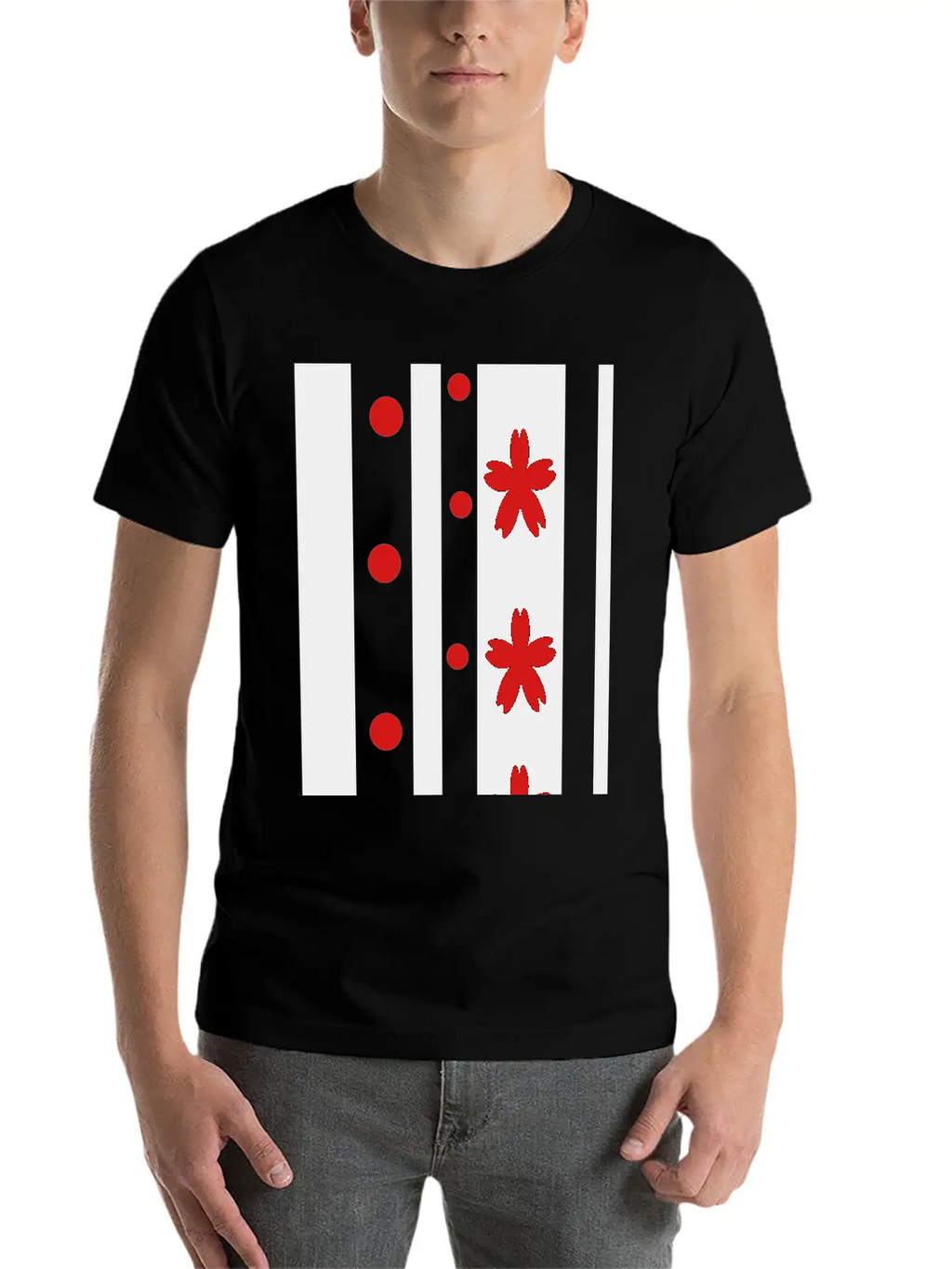 Black Stripes & Red Dots Flowers Classic Fit Graphic Tee For Daily Comfort – Unisex Cotton Shirt