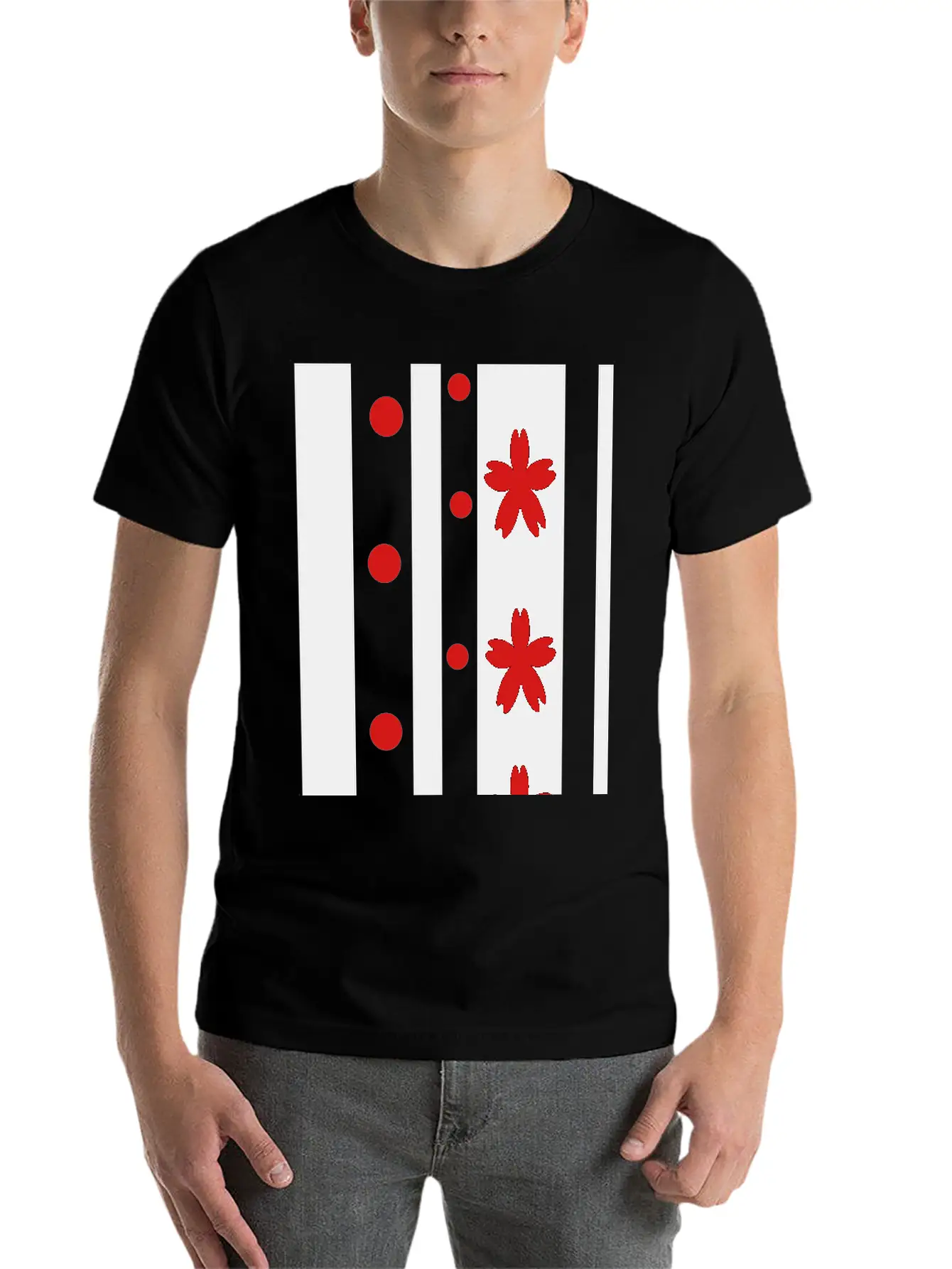 Black Stripes & Red Dots Flowers Classic Fit Graphic Tee For Daily Comfort – Unisex Cotton Shirt
