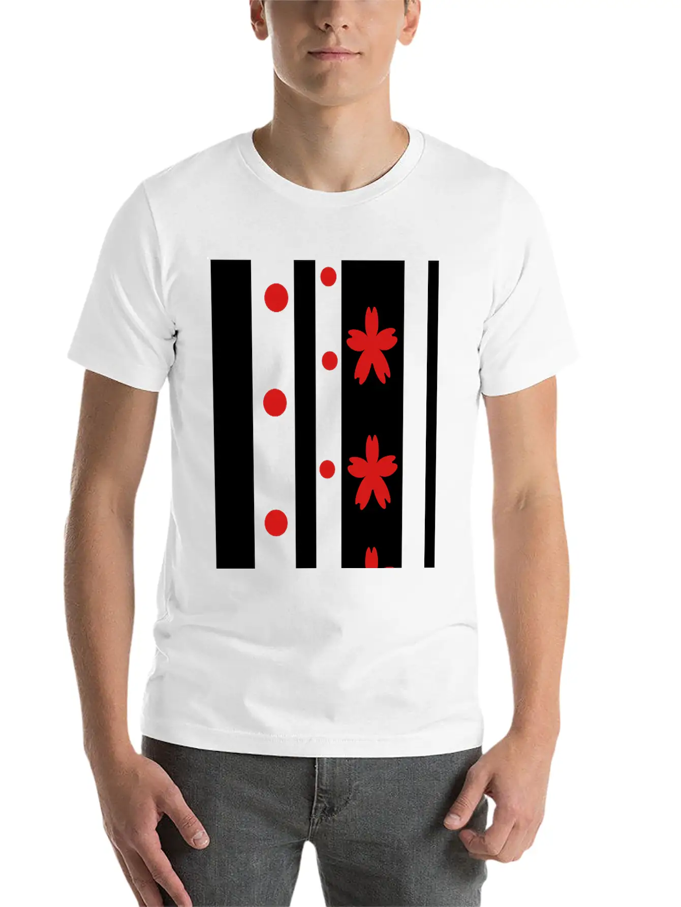 Black Stripes & Red Dots Flowers Classic Fit Graphic Tee For Daily Comfort – Unisex Cotton Shirt