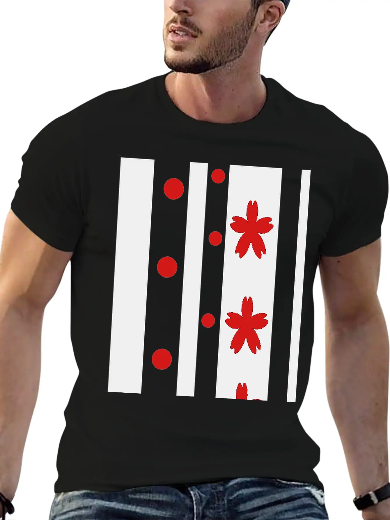 Black Stripes & Red Dots Flowers Classic Fit Graphic Tee For Daily Comfort – Unisex Cotton Shirt