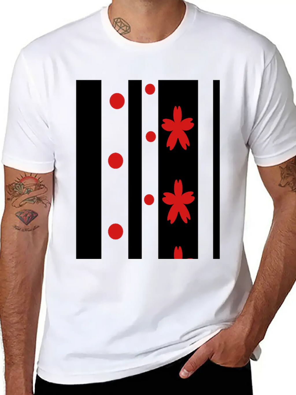 Black Stripes & Red Dots Flowers Classic Fit Graphic Tee For Daily Comfort – Unisex Cotton Shirt