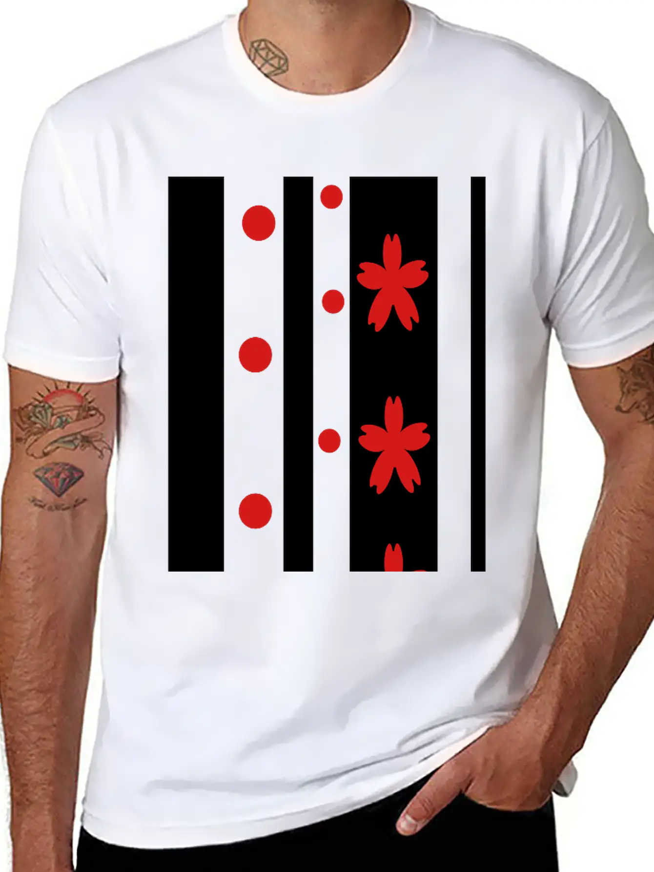 Black Stripes & Red Dots Flowers Classic Fit Graphic Tee For Daily Comfort – Unisex Cotton Shirt