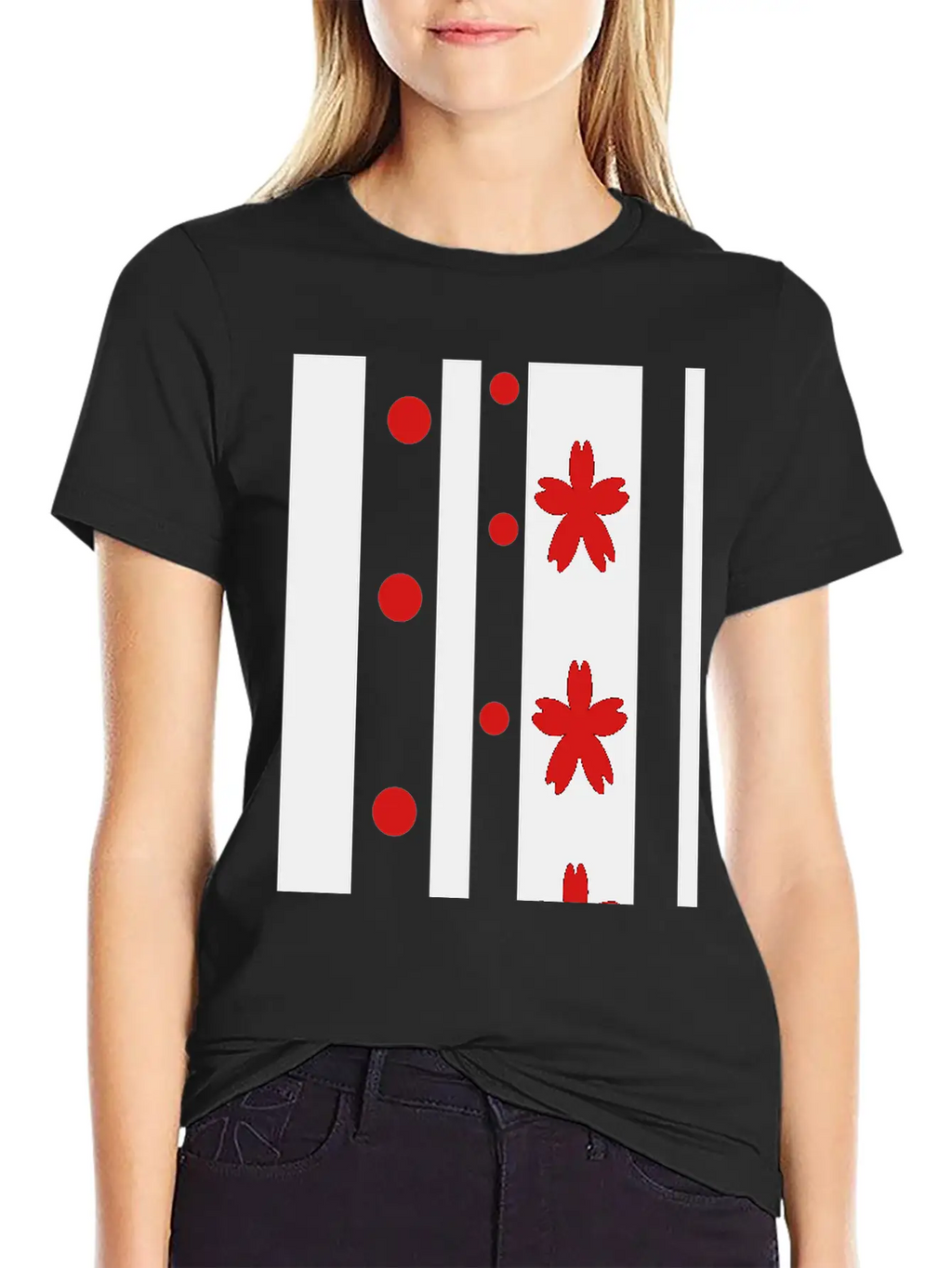 Black Stripes & Red Dots Flowers Classic Fit Graphic Tee For Daily Comfort – Unisex Cotton Shirt
