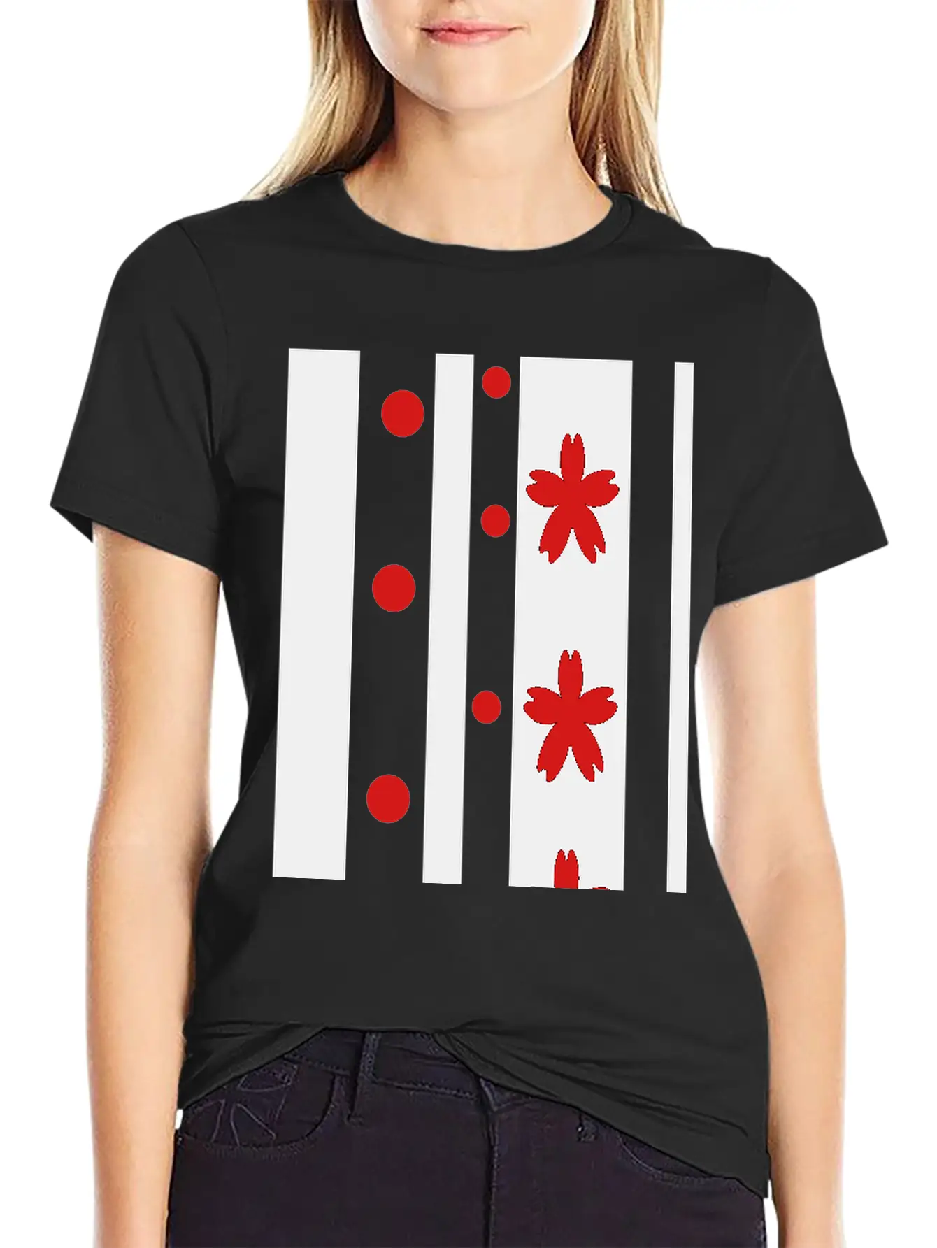 Black Stripes & Red Dots Flowers Classic Fit Graphic Tee For Daily Comfort – Unisex Cotton Shirt