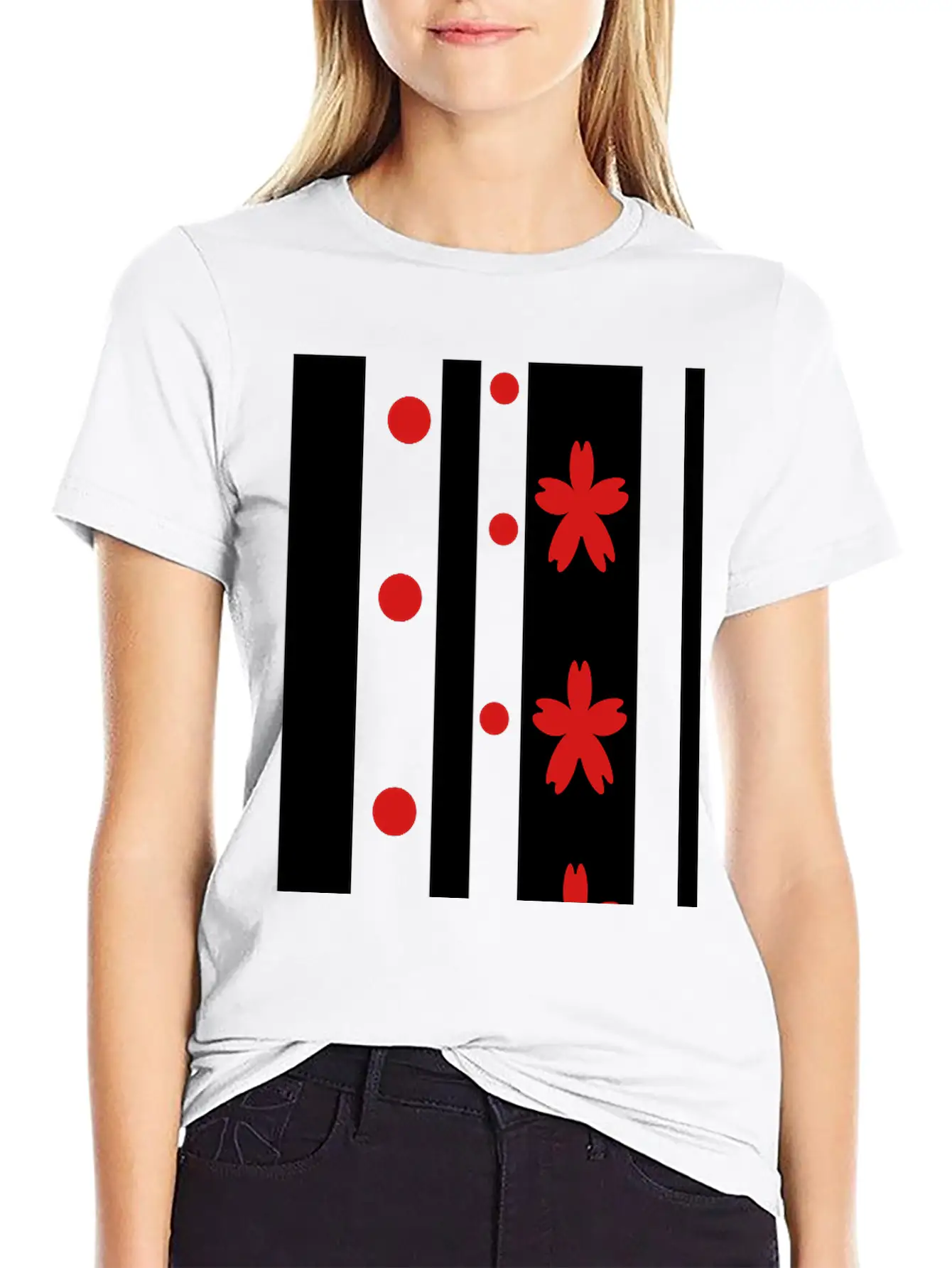 Black Stripes & Red Dots Flowers Classic Fit Graphic Tee For Daily Comfort – Unisex Cotton Shirt