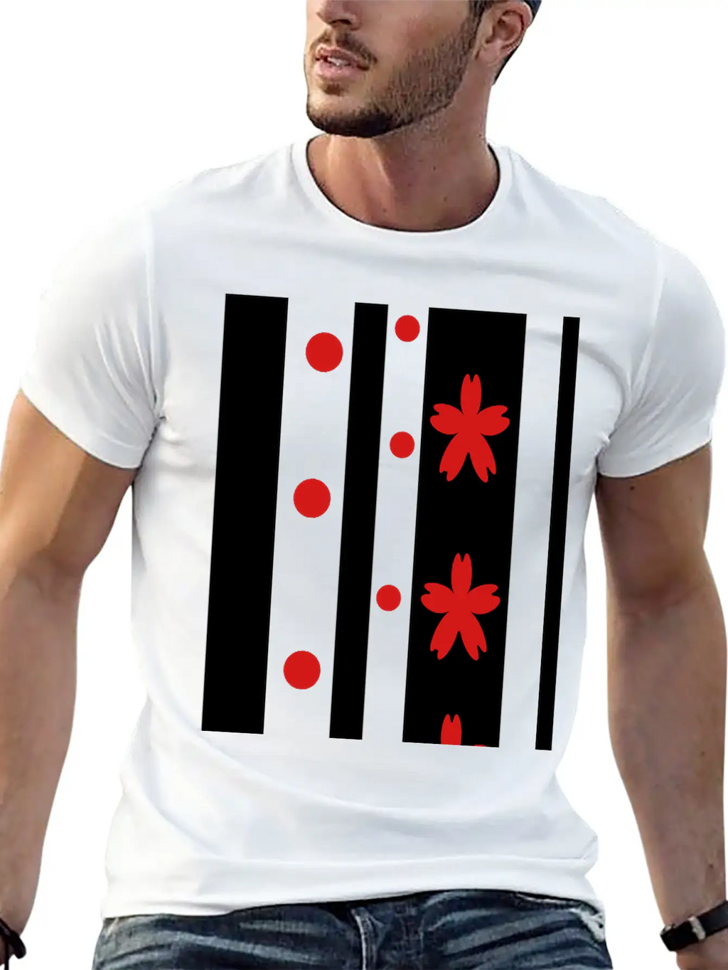 Black Stripes & Red Dots Flowers Classic Fit Graphic Tee For Daily Comfort – Unisex Cotton Shirt