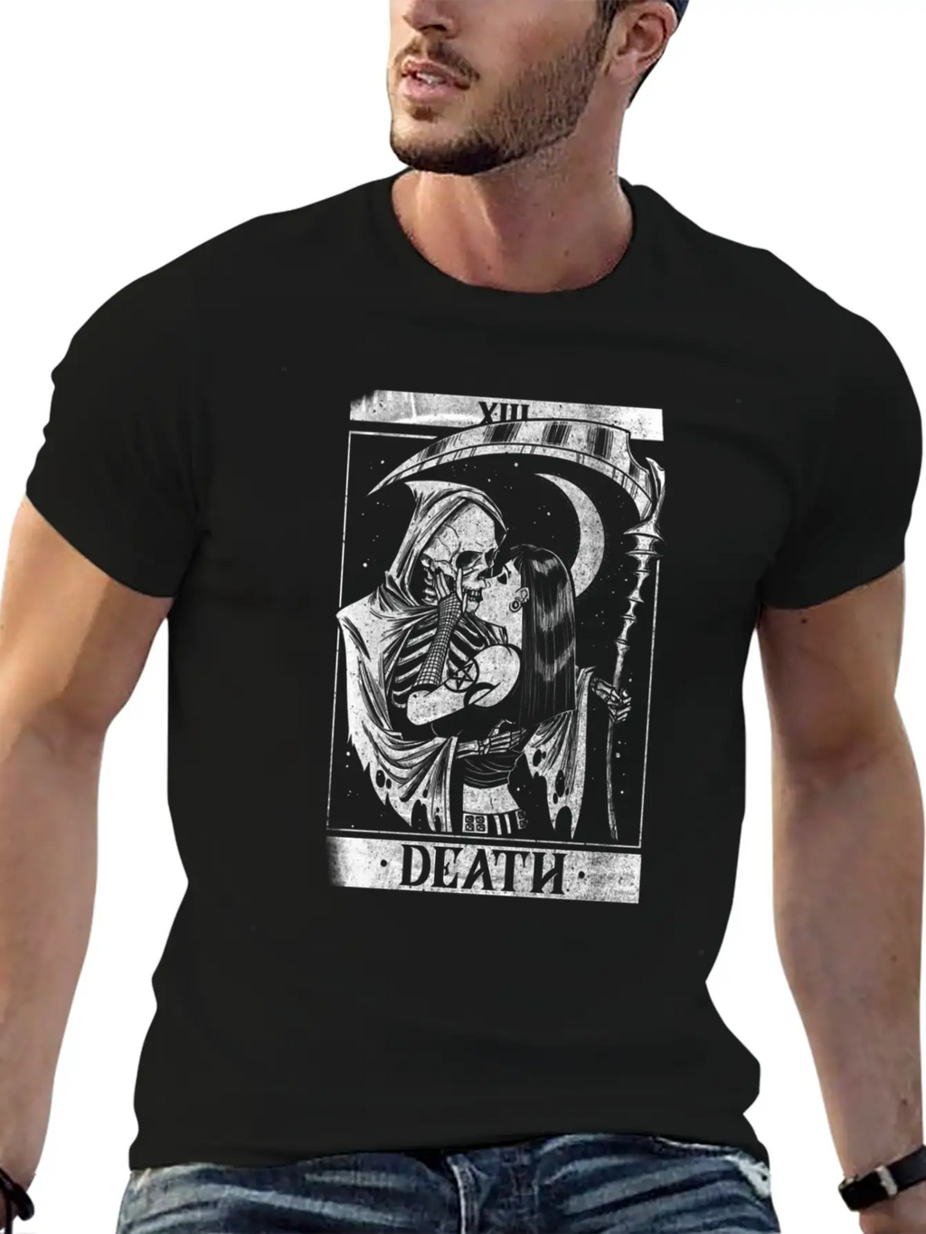 Blackcraft Death The Grim Reaper Kiss Tarot Card Unisex Short Sleeve Soft Cotton T-Shirt – Casual Everyday Wear