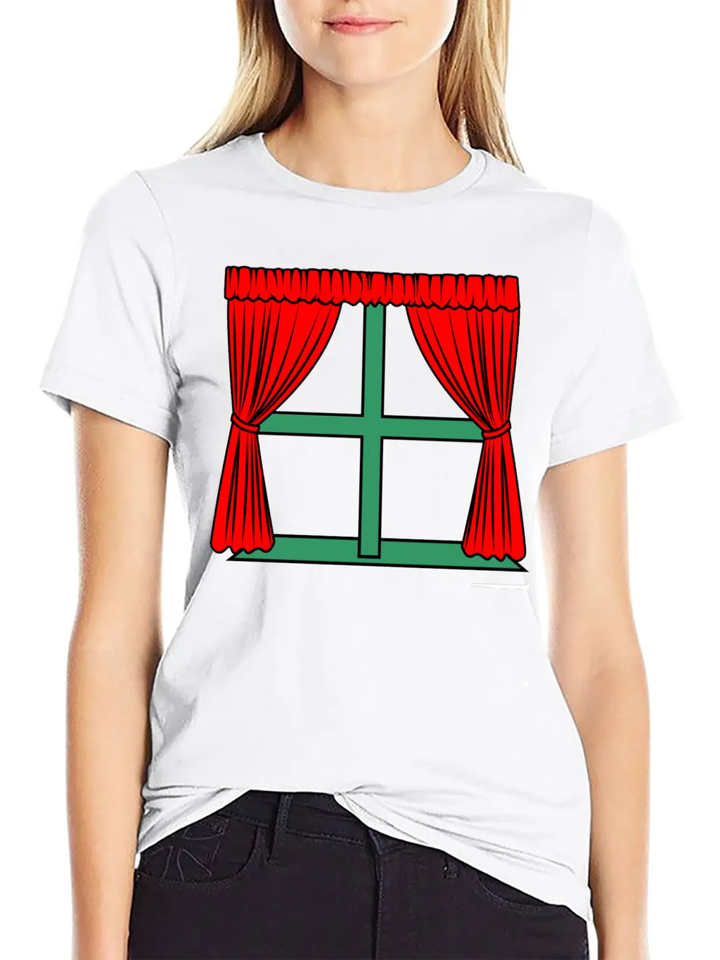 Blinds Red Curtains Green Window Frame Stylish Everyday T-Shirt – Unisex Basic Cotton Tee