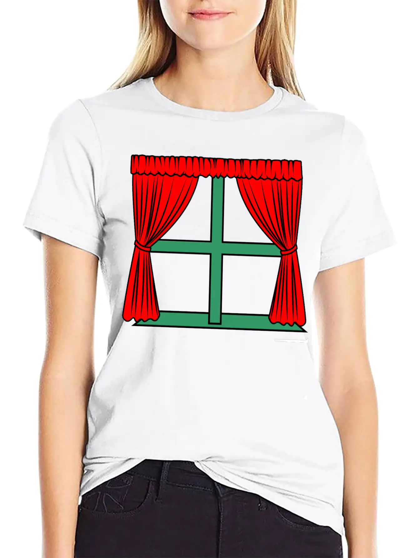 Blinds Red Curtains Green Window Frame Stylish Everyday T-Shirt – Unisex Basic Cotton Tee