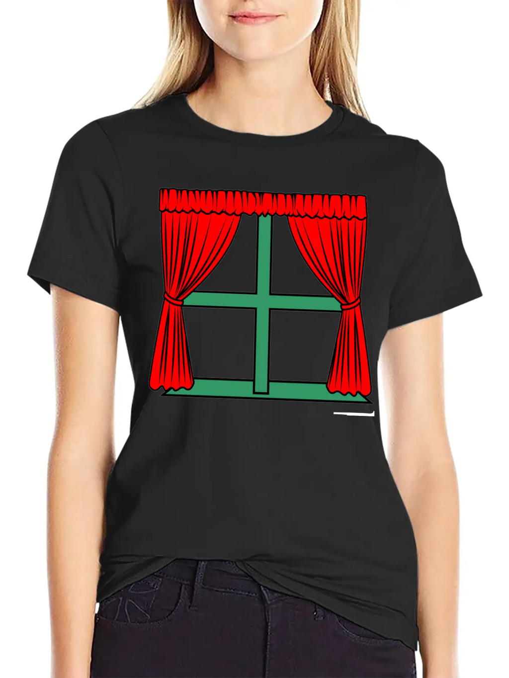Blinds Red Curtains Green Window Frame Stylish Everyday T-Shirt – Unisex Basic Cotton Tee