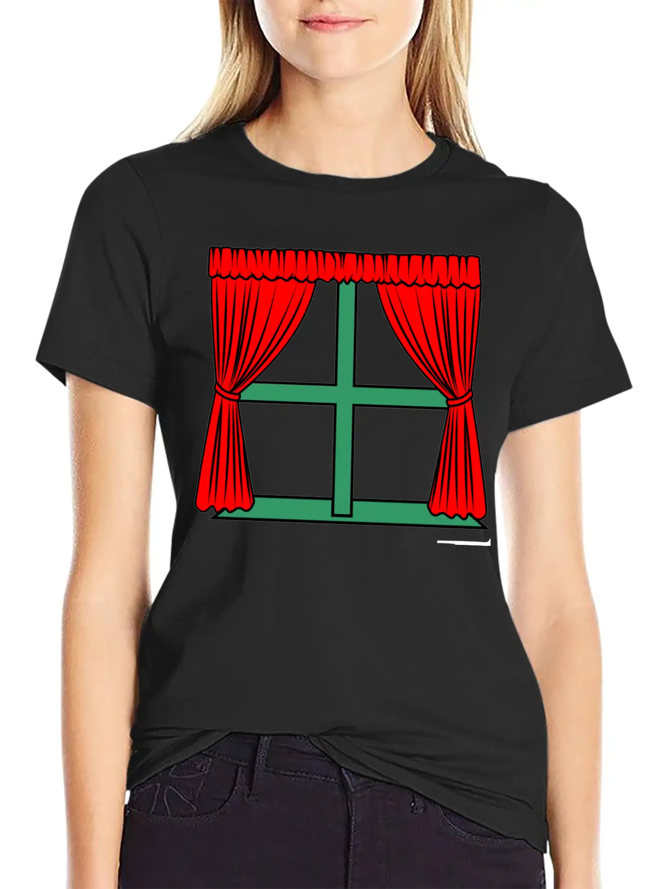 Blinds Red Curtains Green Window Frame Stylish Everyday T-Shirt – Unisex Basic Cotton Tee