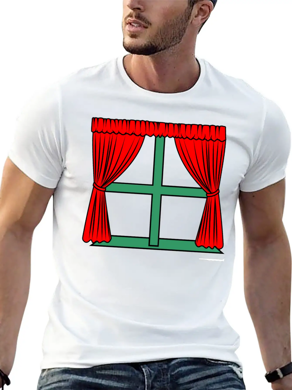 Blinds Red Curtains Green Window Frame Stylish Everyday T-Shirt – Unisex Basic Cotton Tee